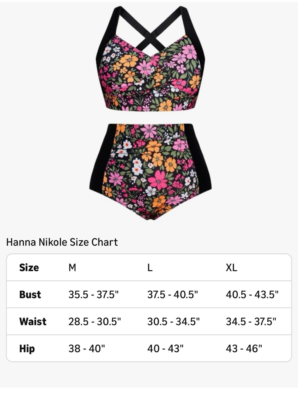 Floral High-Waist Bikini Set - Pink & Orange Flowers on Black - Picture 3 of 4